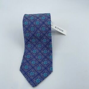 Eton Tie Men One Size Blue Green Floral Linen Classic Fit Necktie Italy Made NWT
